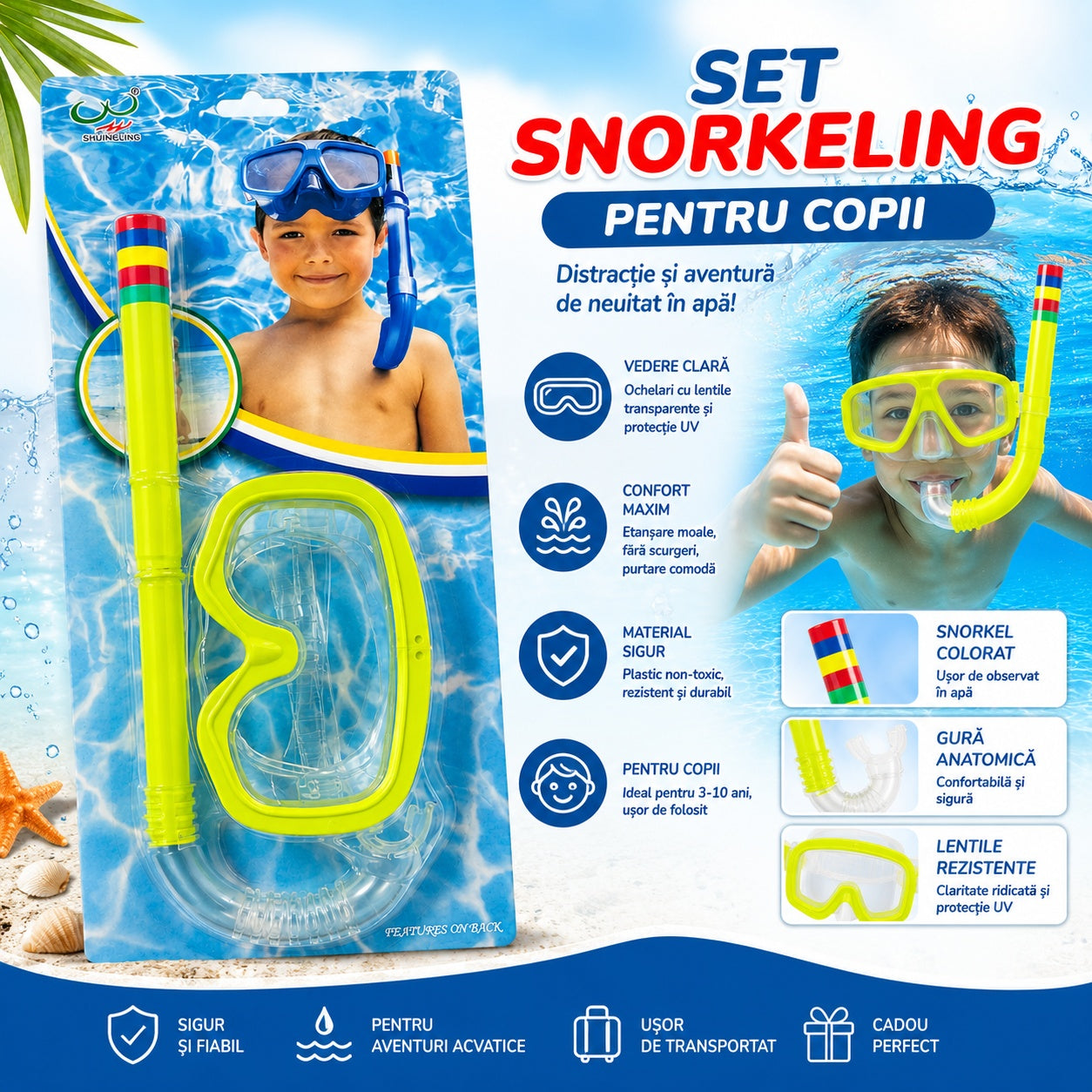 Set Snorkeling Galben pentru Copii – Mască și Tub pentru Înot și Scufundări