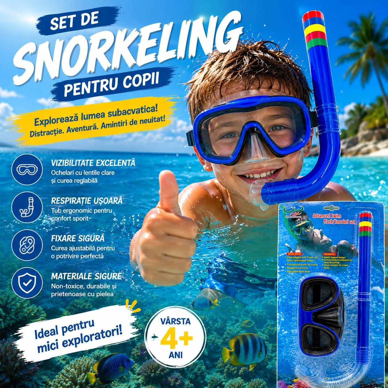 Set Snorkeling pentru Copii Albastru – Mască și Tub Respirator pentru Înot și Scufundări