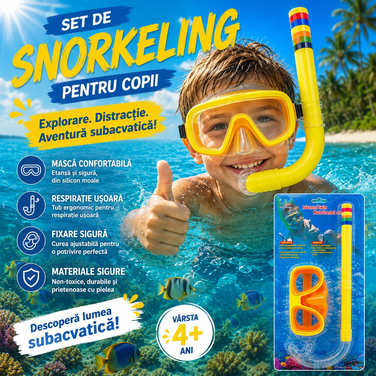 Set Snorkeling pentru Copii Galben – Mască și Tub Respirator pentru Înot și Scufundări