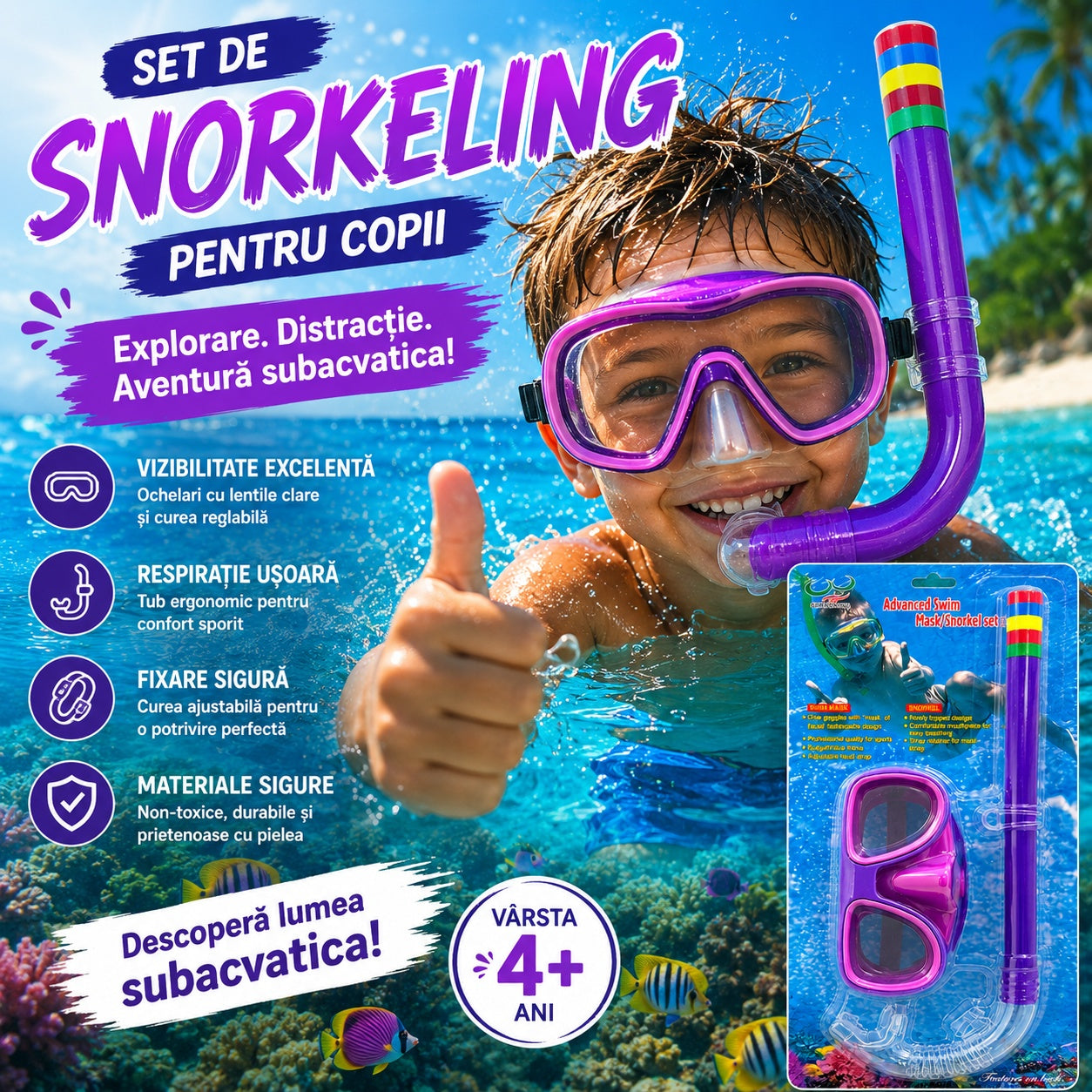 Set Snorkeling pentru Copii Mov – Mască și Tub Respirator pentru Înot și Scufundări