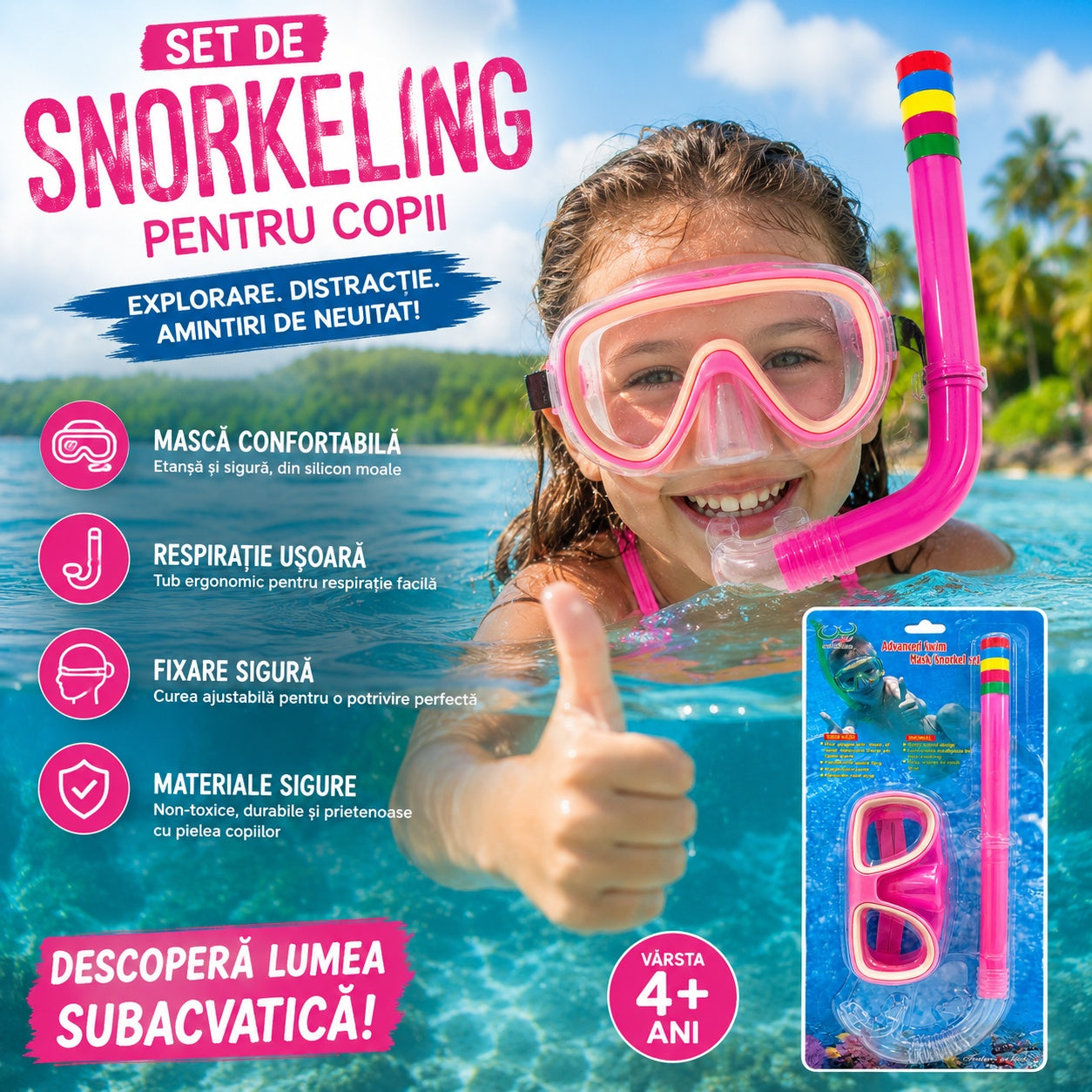 Set Snorkeling pentru Copii Roz – Mască și Tub Respirator pentru Înot și Scufundări