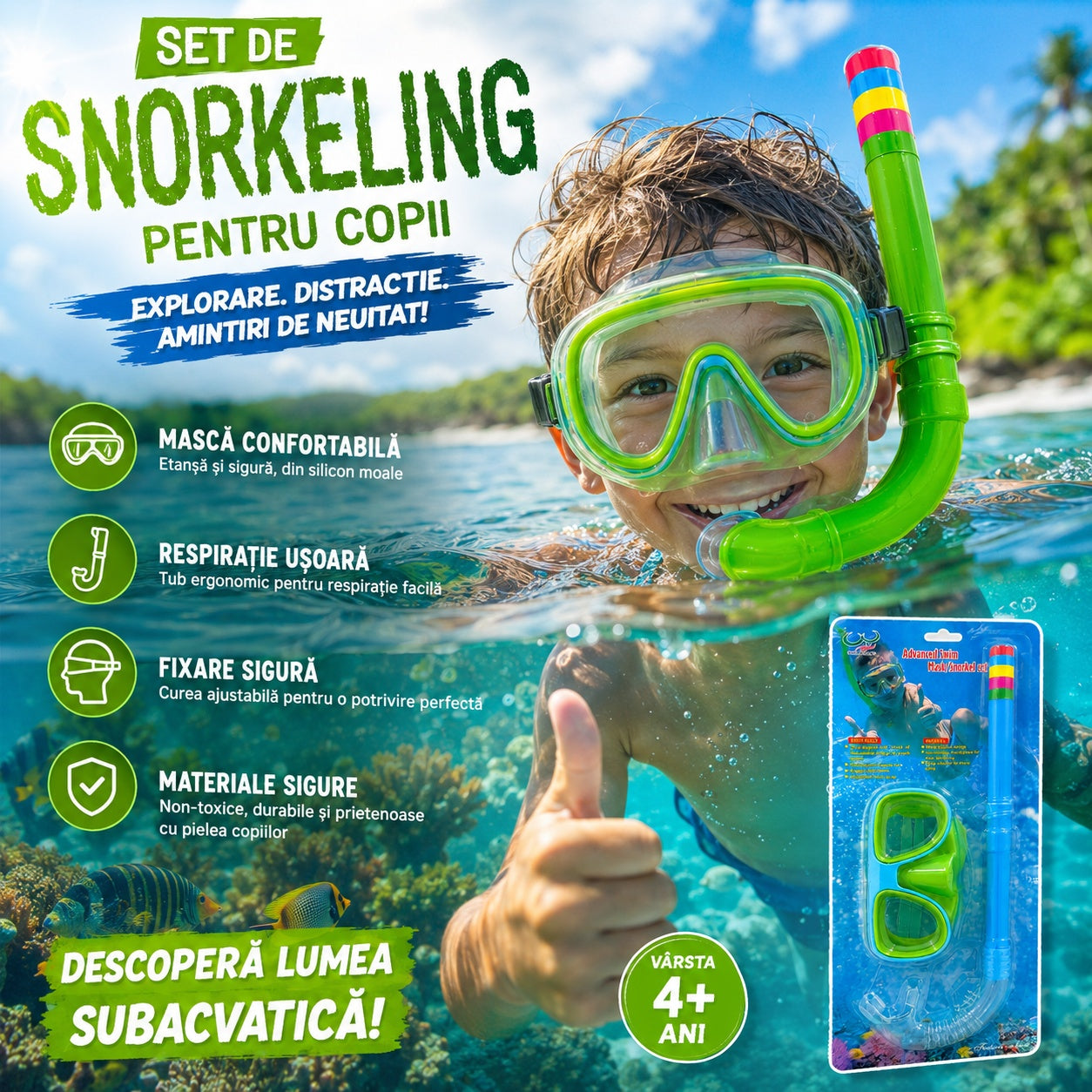 Set Snorkeling pentru Copii Verde – Mască și Tub Respirator pentru Înot și Scufundări