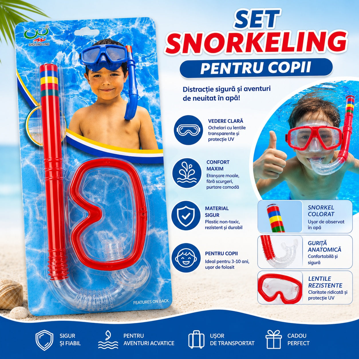 Set Snorkeling Roșu pentru Copii – Mască și Tub Respirat pentru Înot și Scufundări