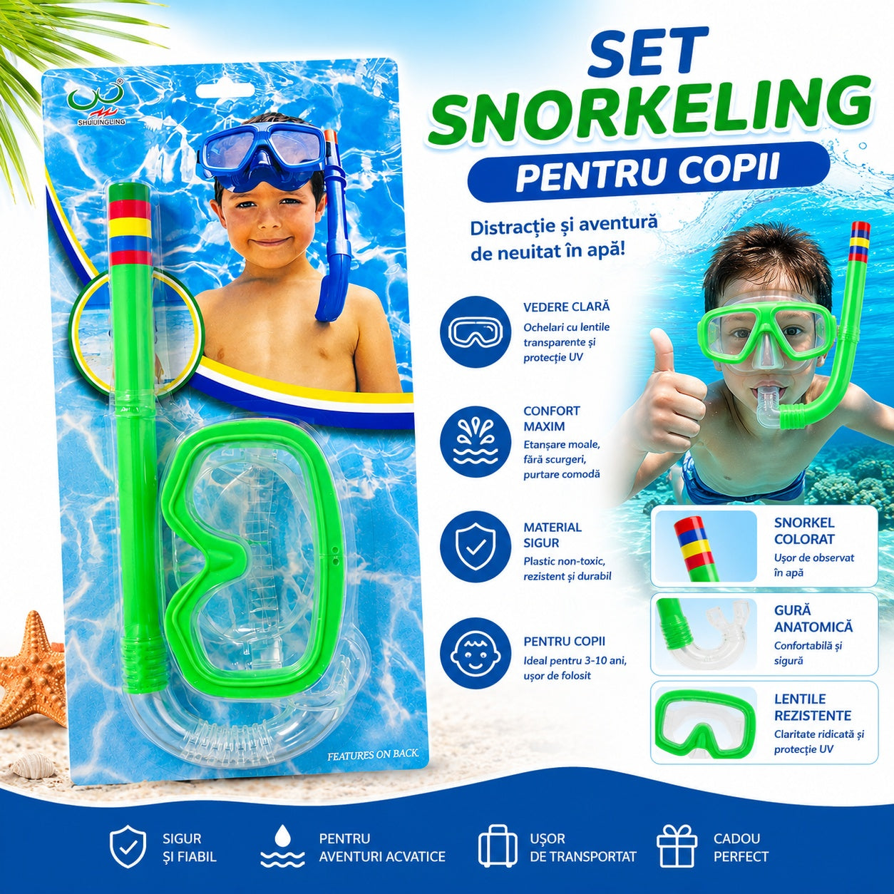 Set Snorkeling Verde pentru Copii – Mască și Tub pentru Înot și Scufundări