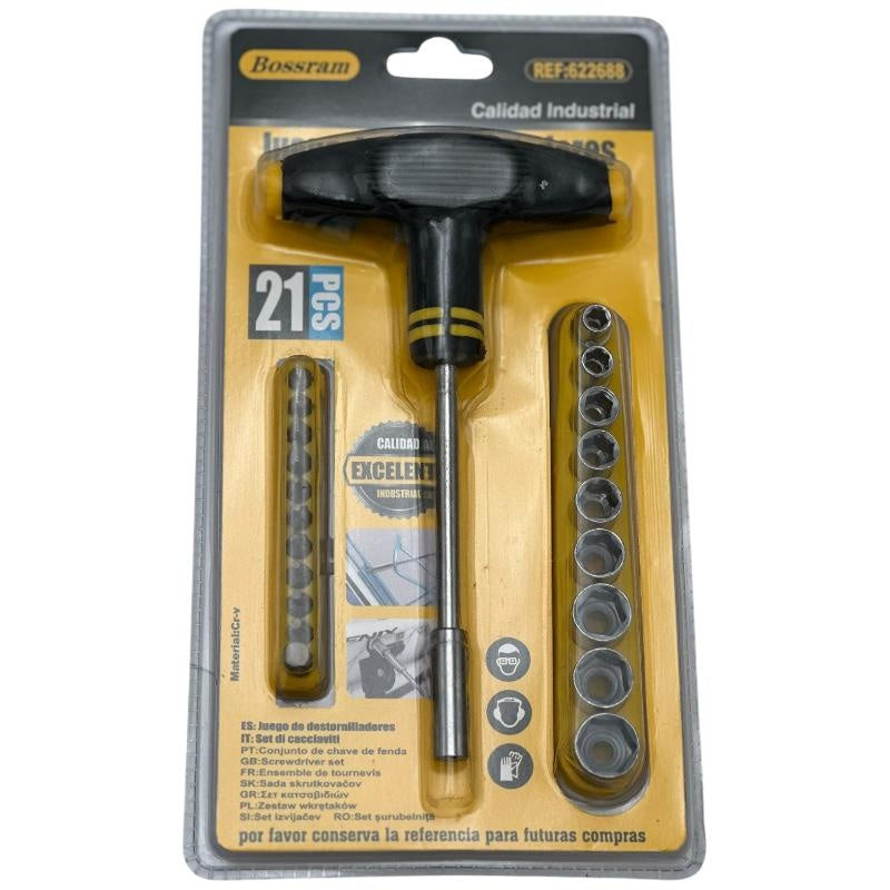 Set surubelnita in T Bossram 21 piese cu biti si tubulare, calitate industriala pentru lucrari precise,