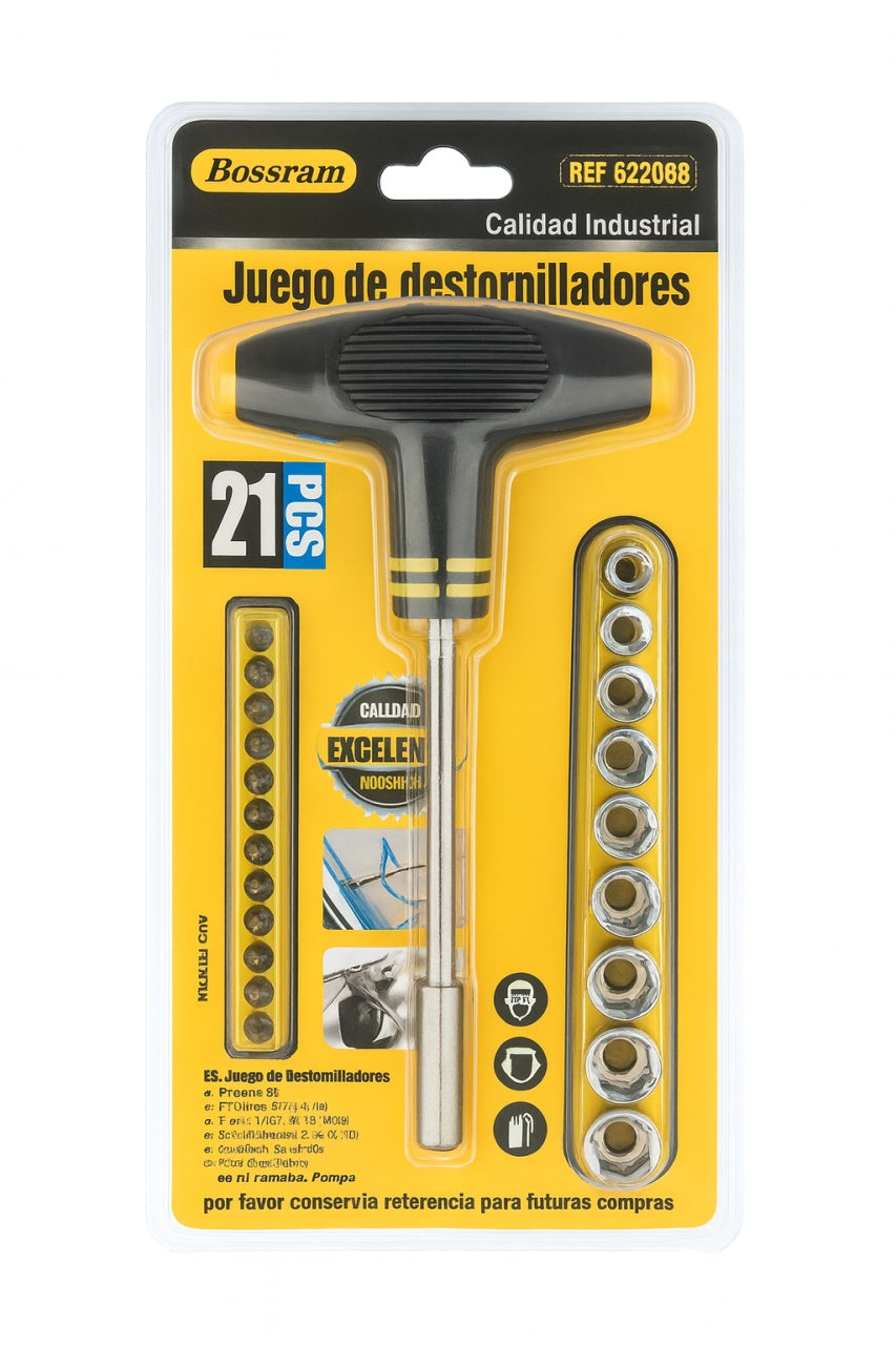 Set Surubelnita Tip T cu 21 Piese Bossram , Industrial Quality, Bits + Tubulare