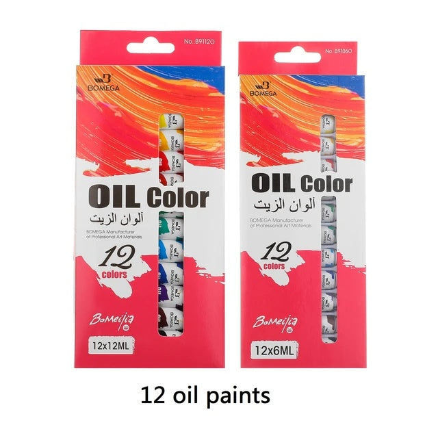 Set tempera Bomega Oil Color, 12 culori x 12ml , vopsea intensa pentru pictura si proiecte artistice,