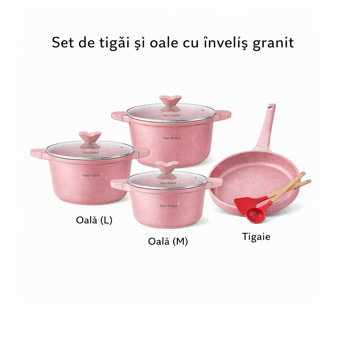 Set tigăi și oale cu înveliș granit antiaderent, capace sticlă, 7 piese, Roz