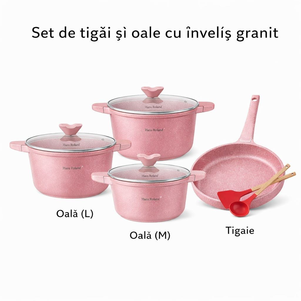 Set tigăi și oale cu înveliș granit antiaderent, capace sticlă, 7 piese, Roz