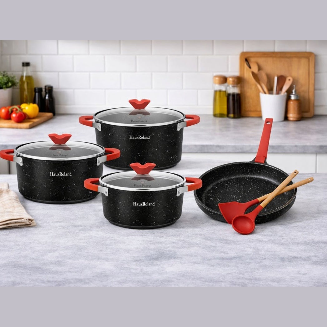 Set tigăi și oale cu înveliș granit antiaderent, capace sticlă, 7 piese, Negru