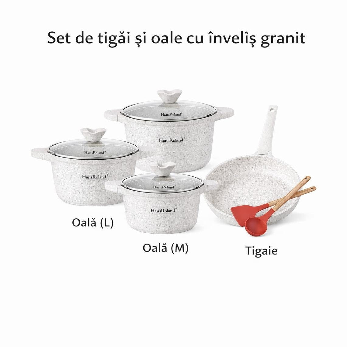 Set tigăi și oale cu înveliș granit antiaderent, capace sticlă, 7 piese, Alb