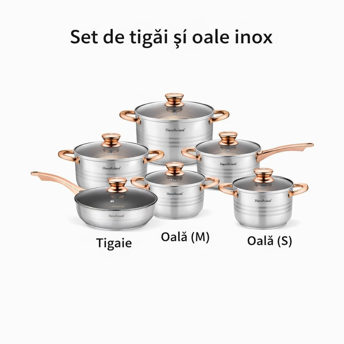 Set tigăi și oale din inox cu capace din sticlă, 10 piese, compatibil inducție, Argintiu cu bronze