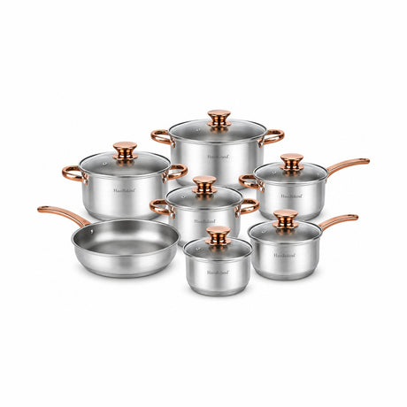 Set tigăi și oale din inox cu capace din sticlă, 10 piese, compatibil inducție, Argintiu cu bronze