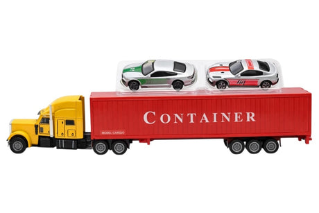 Set tir jucărie din metal cu piese din plastic, model roșu, cu 2 mașinuțe incluse, dimensiuni 34x15x5 cm