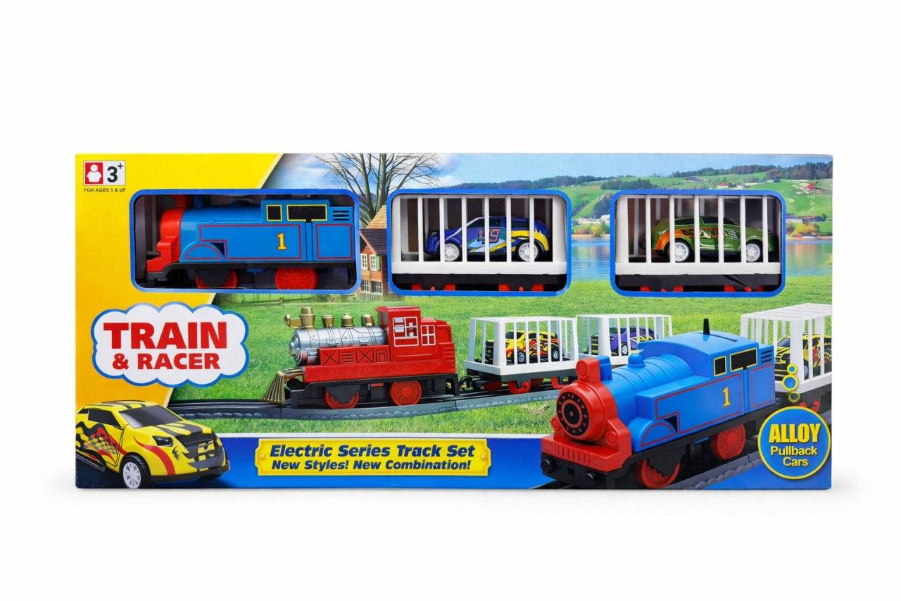 Set tren electric albastru cu locomotiva, vagoane si masini pullback, 27.5 cm