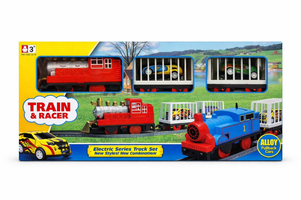 Set tren electric cu sina si masinute pullback rosu Train & Racer 37x17.5 cm