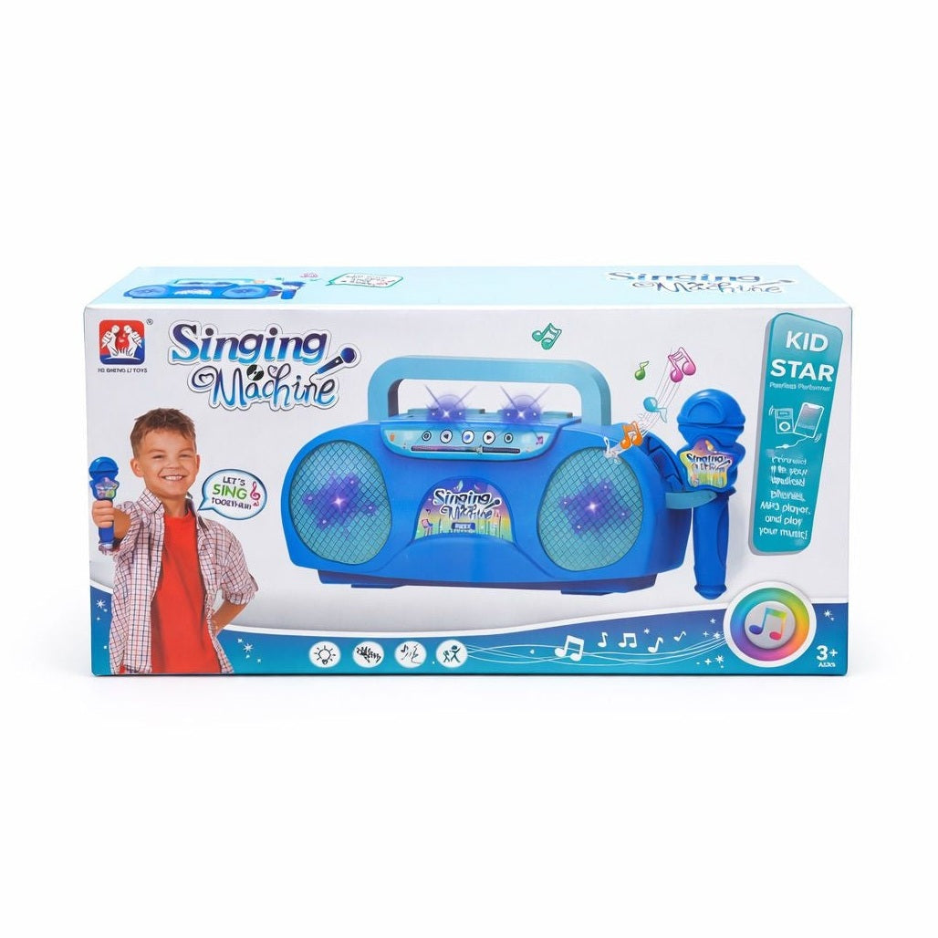 Sistem karaoke pentru copii cu microfon, lumini si muzica, model retro albastru