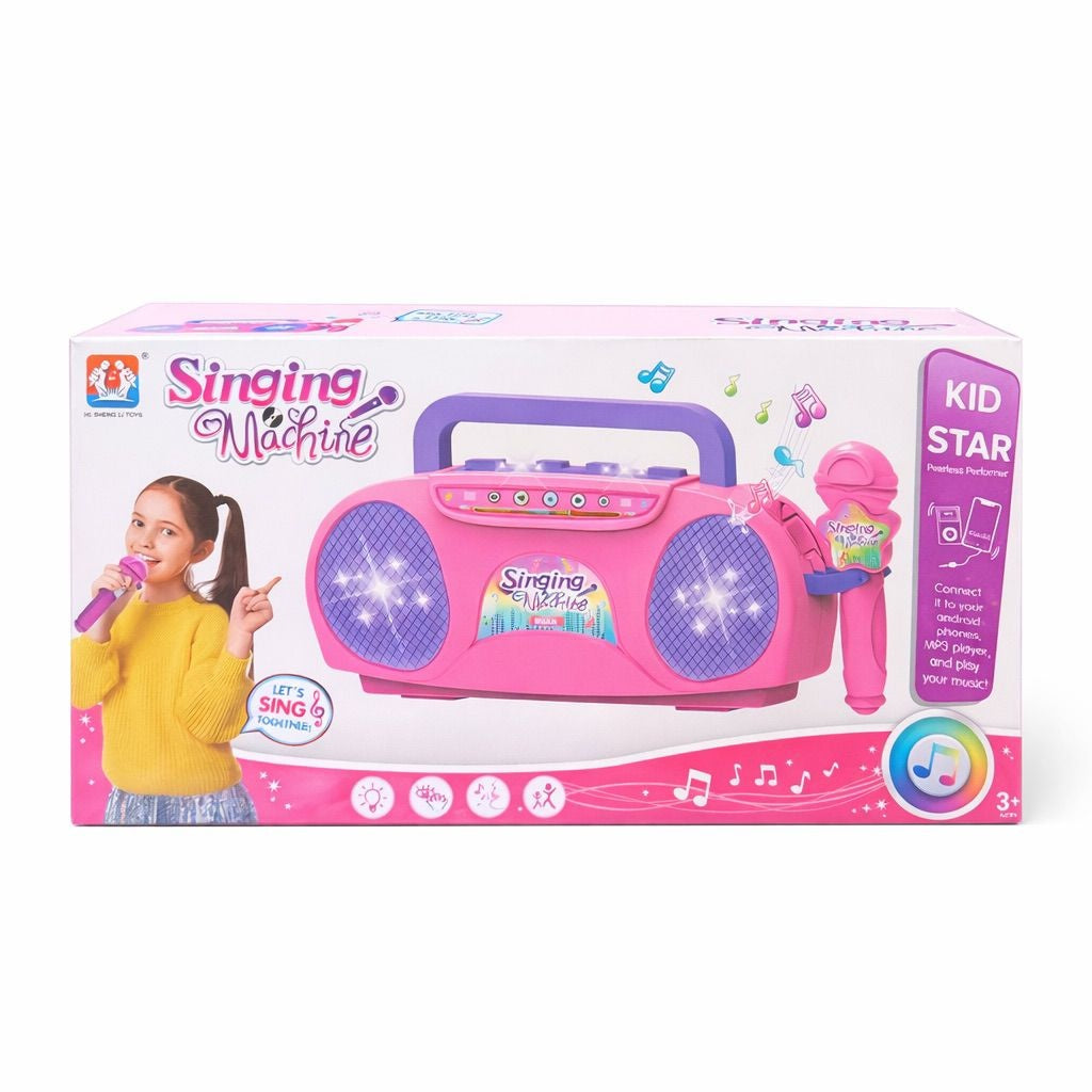 Sistem karaoke pentru copii cu microfon, lumini si muzica, model retro roz