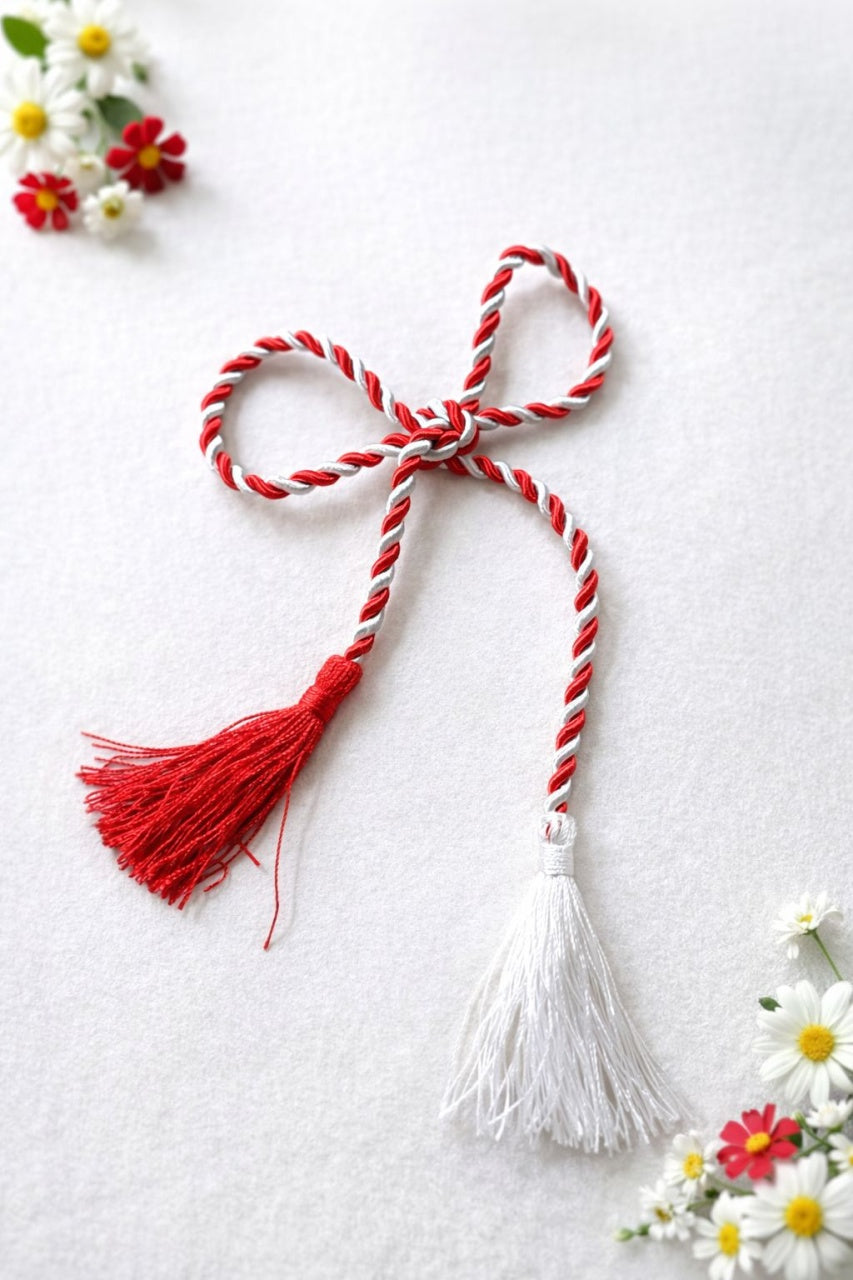 Snur martisor traditional alb rosu lucios impletit 65 cm