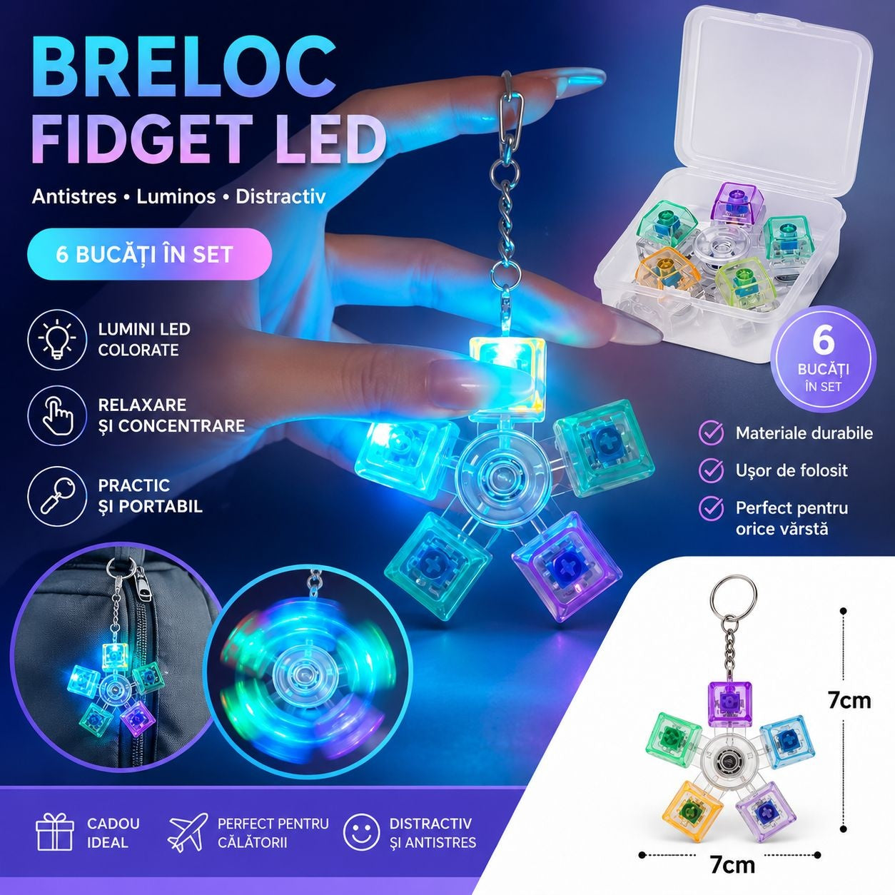 Spinner Antistres Tastatura cu Lumini LED și Breloc – Fidget Spinner Luminos, Jucărie Rotativă pentru Copii și Adulți