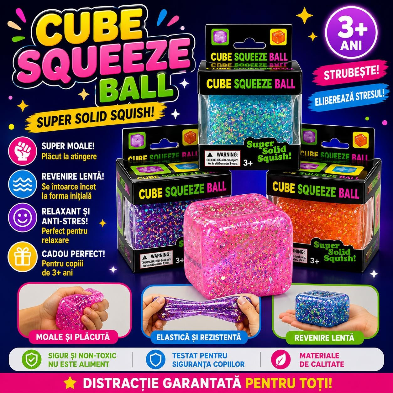 Squishy antistres cub cu sclipici 5cm, moale si elastic, culoare aleatorie
