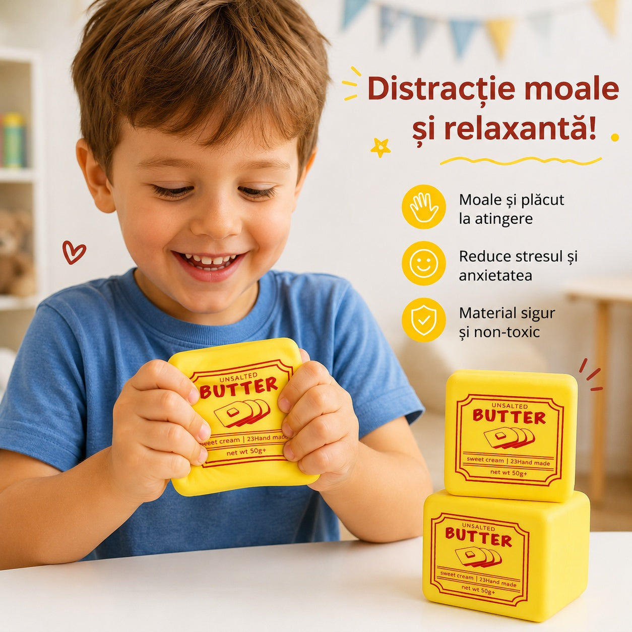 Squishy Butter Slow Rising 7x7 cm – Jucărie Antistres Moale și Relaxantă pentru Copii