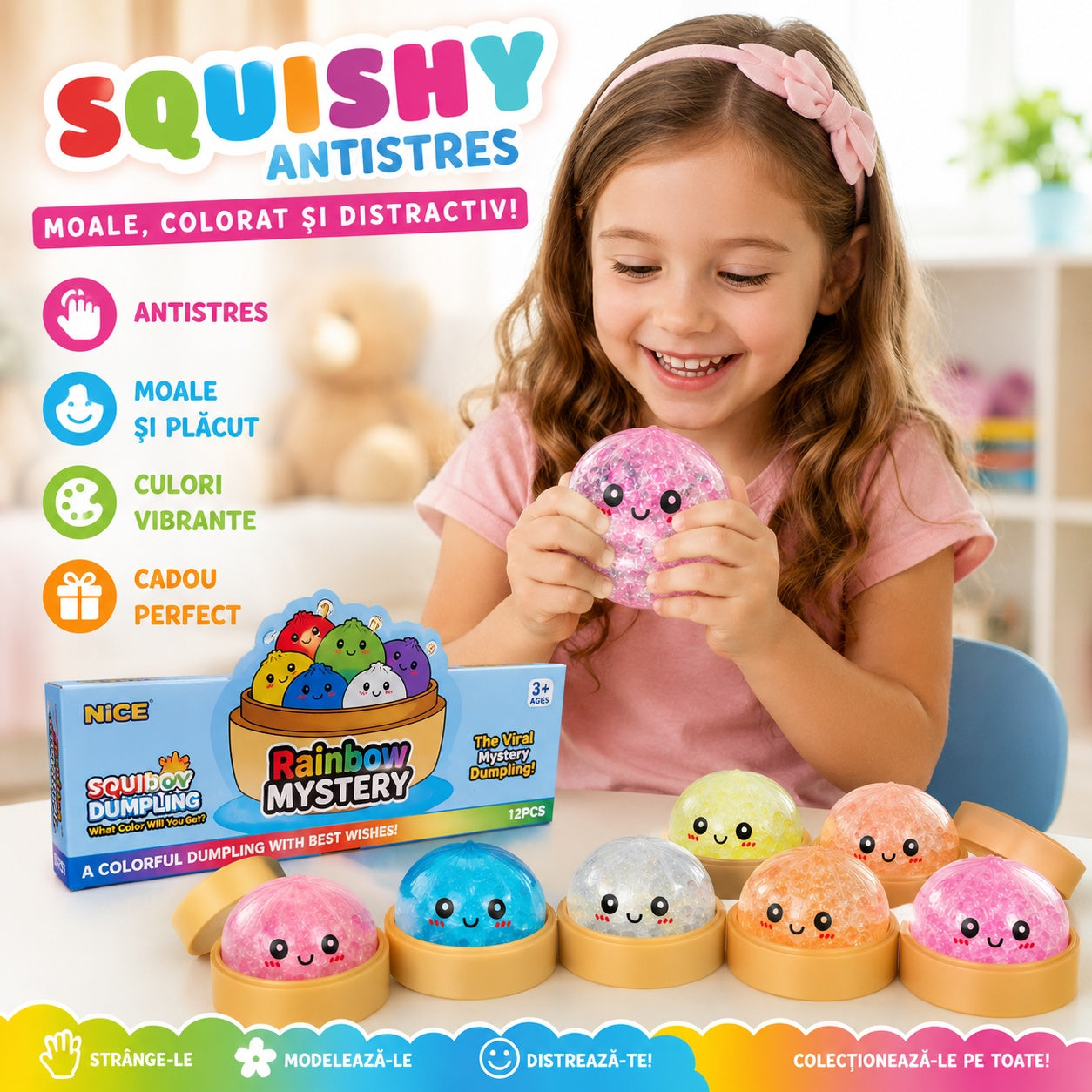 Squishy Dumpling cu Biluțe Gel 8,5 cm în Cutie Tip Bambus – Jucărie Antistres, Model Aleatoriu