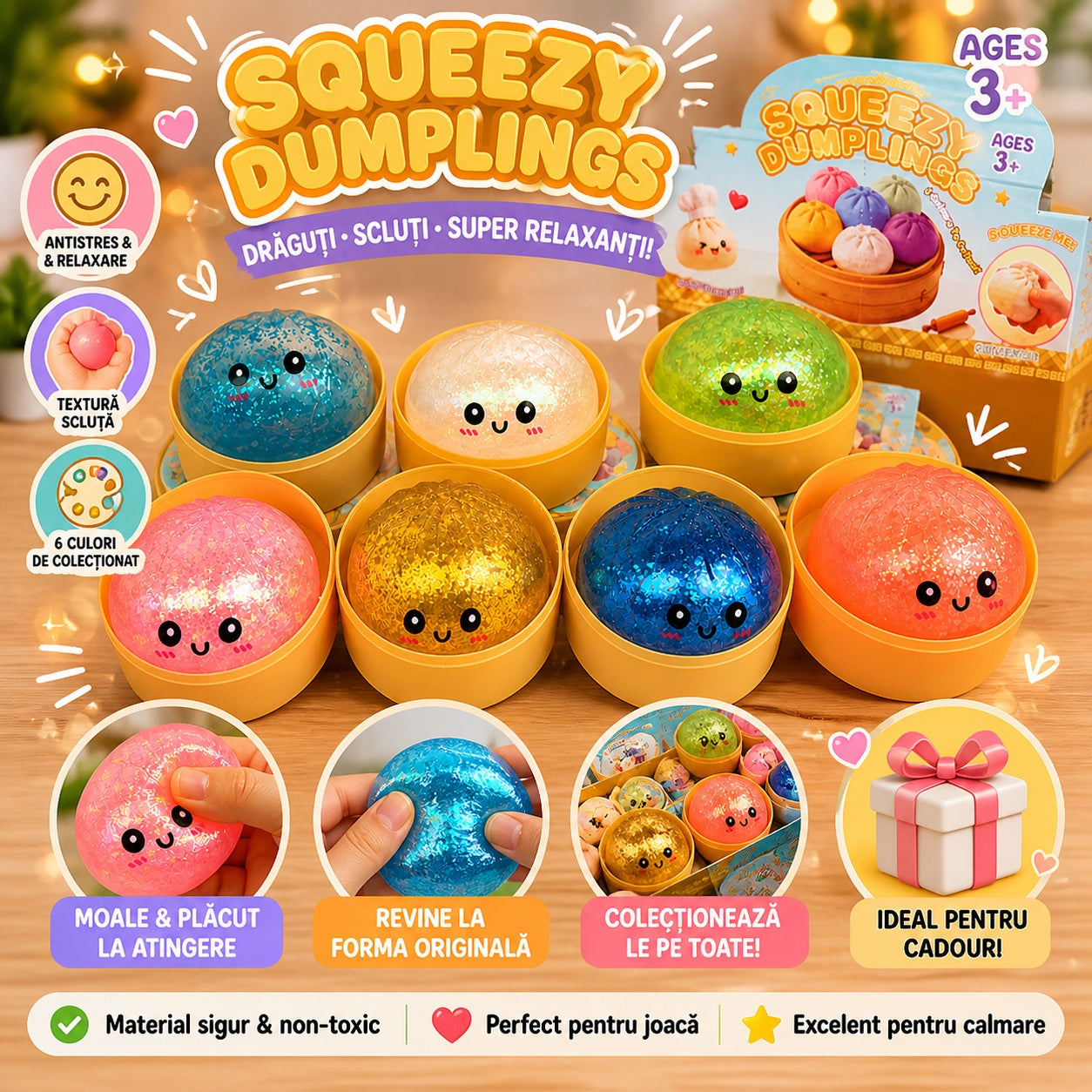 Squishy Dumplings cu Sclipici 8.5cm – Jucărie Antistres Colorata
