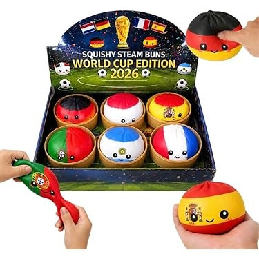 Squishy Steam Buns ediție fotbal – Jucărie Antistres Moale și Elastică, 6 Modele Colecționabile
