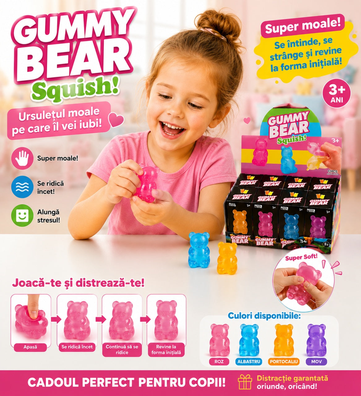 Squishy Ursuleț Gummy Bear Antistres 8cm pentru Copii – Jucărie Moale și Elastică