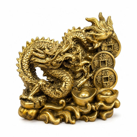 Statuetă Dragon Auriu Feng Shui cu Monede și Lingouri – Suvenir al Prosperității și Norocului