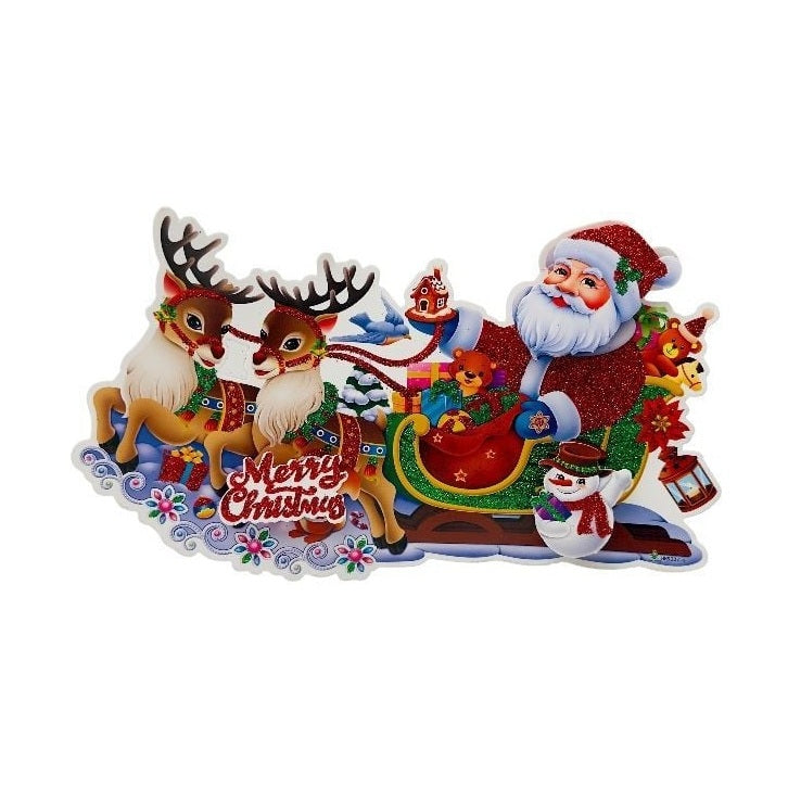 Sticker decorativ Craciun 3D cu sclipici 24x13 cm Mos si reni