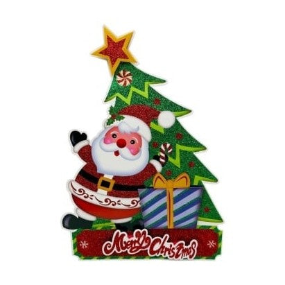 Sticker decorativ Craciun brad 3D cu Mos Craciun si cadou 40x28 cm