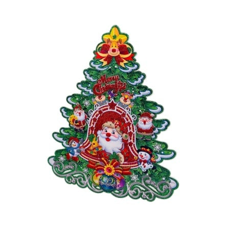 Sticker decorativ Craciun brad 3D cu Mos Craciun si om de zapada 40x32 cm