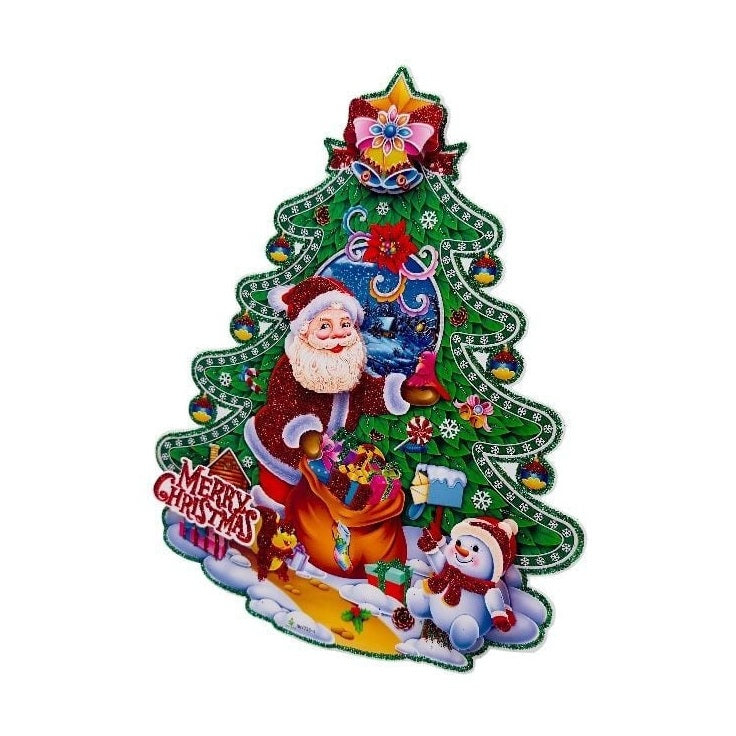 Sticker decorativ Craciun brad 3D cu sclipici 23x18 cm Mos Craciun