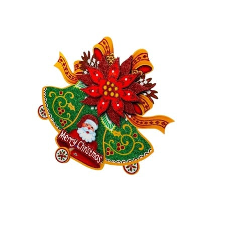Sticker decorativ Craciun clopot 3D cu poinsettia si Mos Craciun 34x34 cm