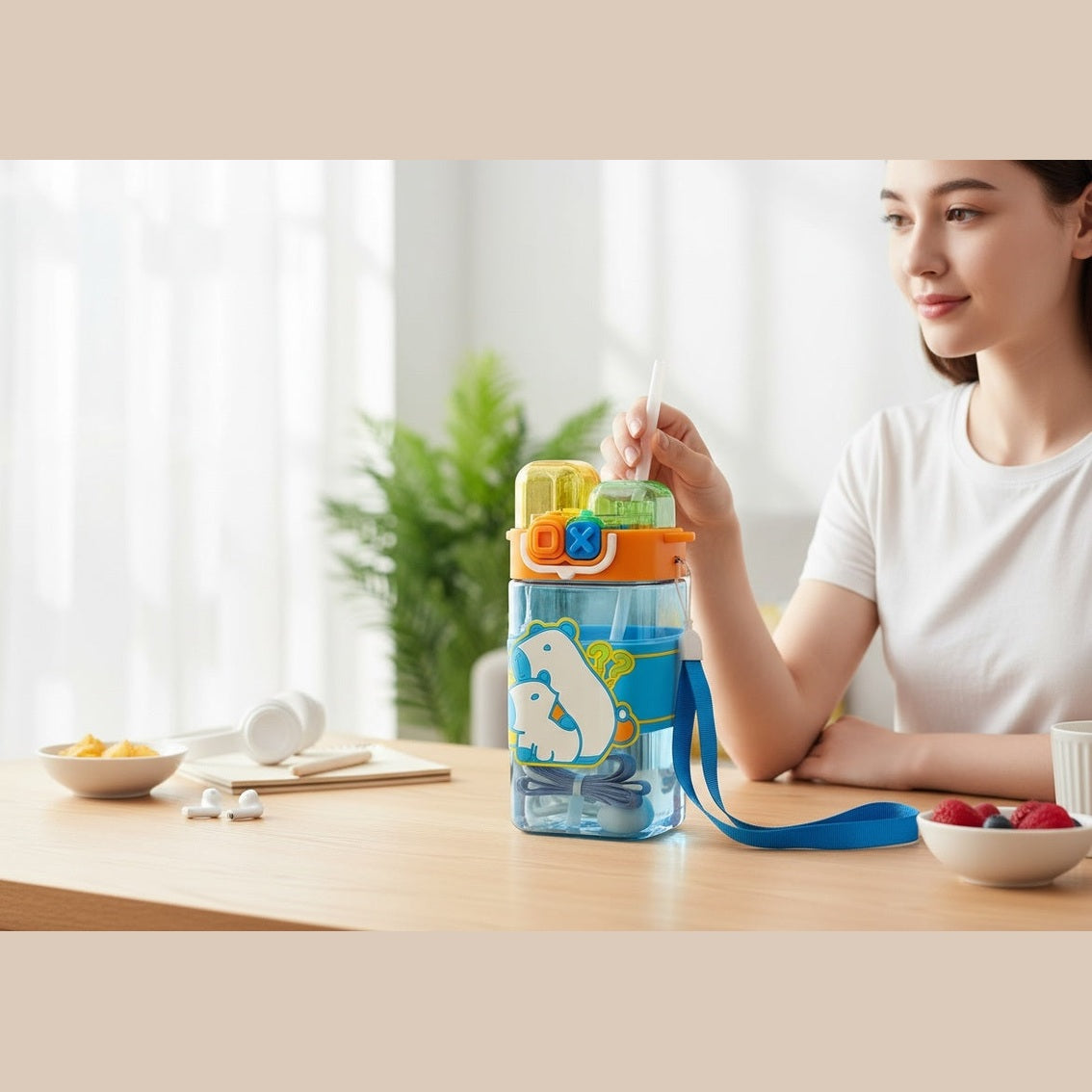 Sticla Apa Copii cu Bretea si Capac Dublu , Model Ursulet, Antiscurgere 600ML
