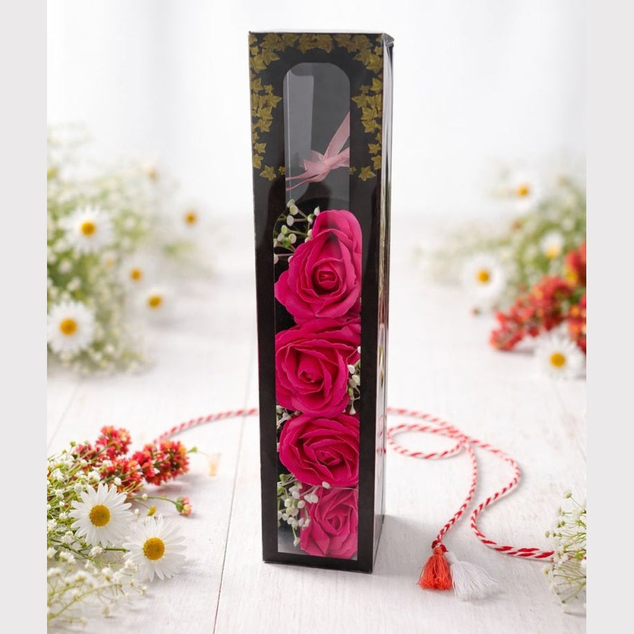 Sticla Decorativa cu 4 Trandafiri Rosii si LED, Cadou Romantic Elegant, 33x7x7 cm