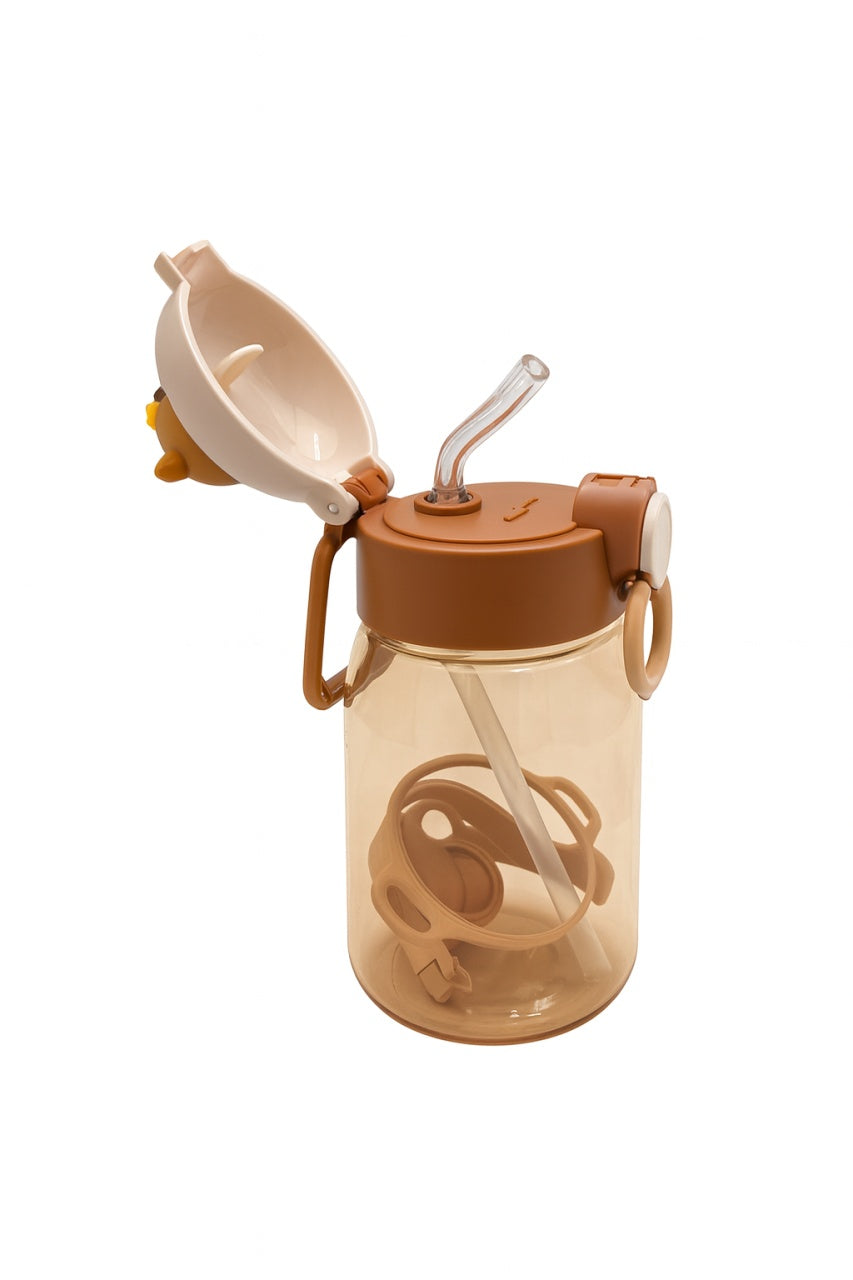 Sticla Kids Bear Caramel 500ml , Model Dragut cu Ursulet, Pai, Capac Flip si Manere Laterale