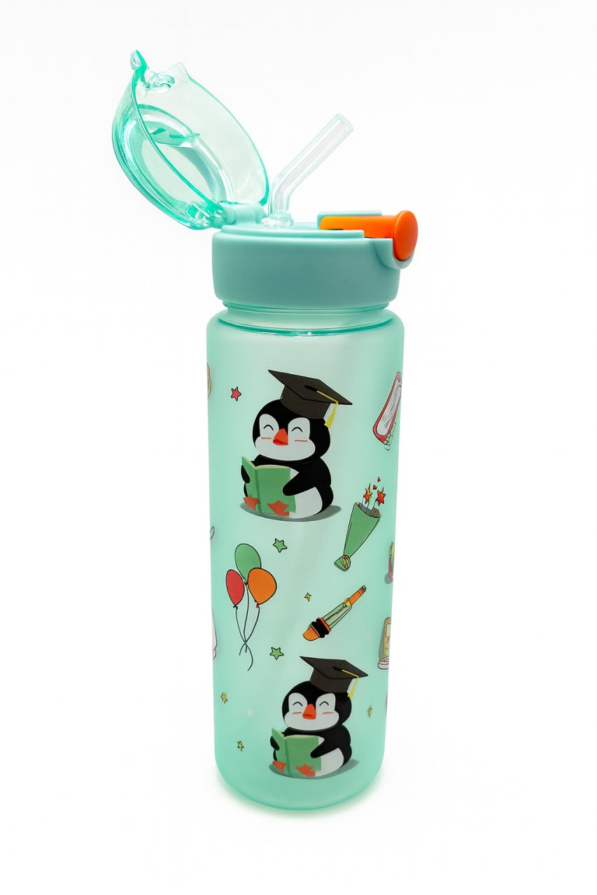 Sticla Kids Penguin School 500ml , Model Educativ cu Pinguini, Pai si Capac Flip Rezistent