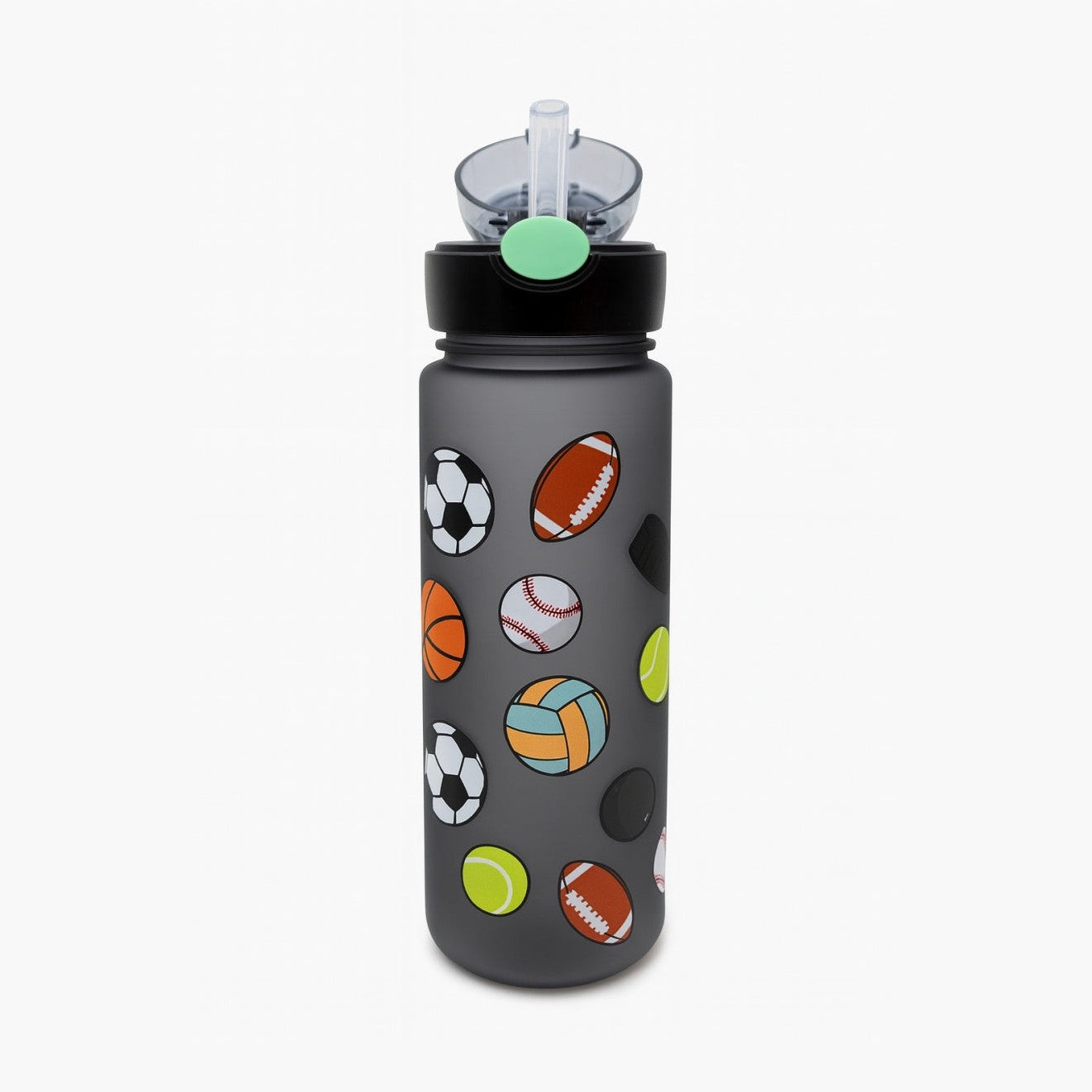 Sticla Kids Sports Ball 500ml , Model Sport Negru cu Pai si Capac Flip Anti-Scurgere