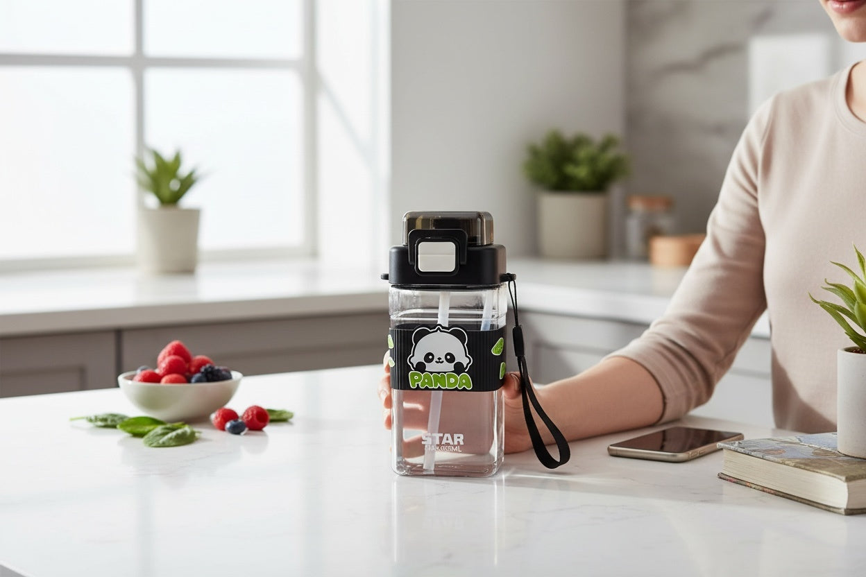 Sticla Panda Star 650ml , Model Premium cu Bretea, Pai si Capac Flip Black Edition