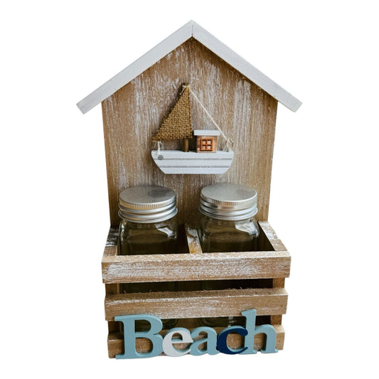 Suport decorativ din lemn cu 2 borcane din sticla si model barca , design rustic marin, cu text Beach , organizator condimente, accesorii, decor casa sau baie