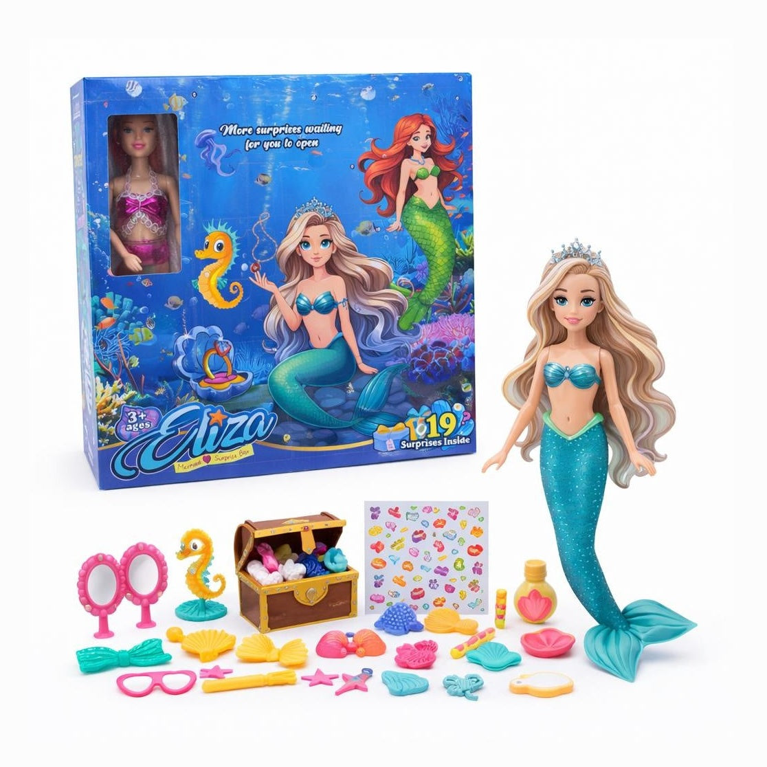 Surprise box papusa sirena cu accesorii, set surpriza 19 piese