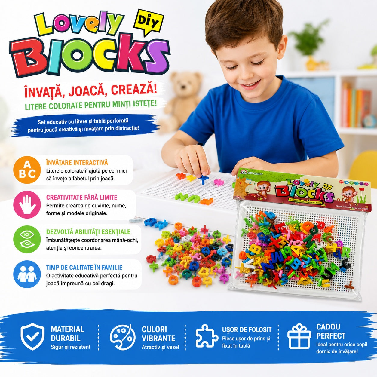 Tabla Alba Educativă cu Litere pentru Copii – Joc Creativ de Învățare