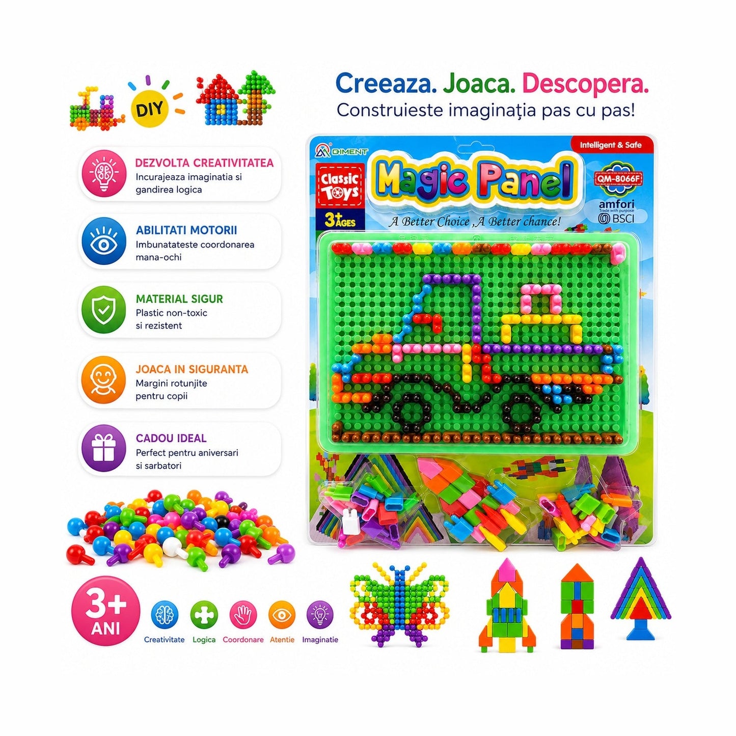 Tabla educativa mozaic cu piese colorate, model vehicule, dezvoltare creativitate 39x29 cm