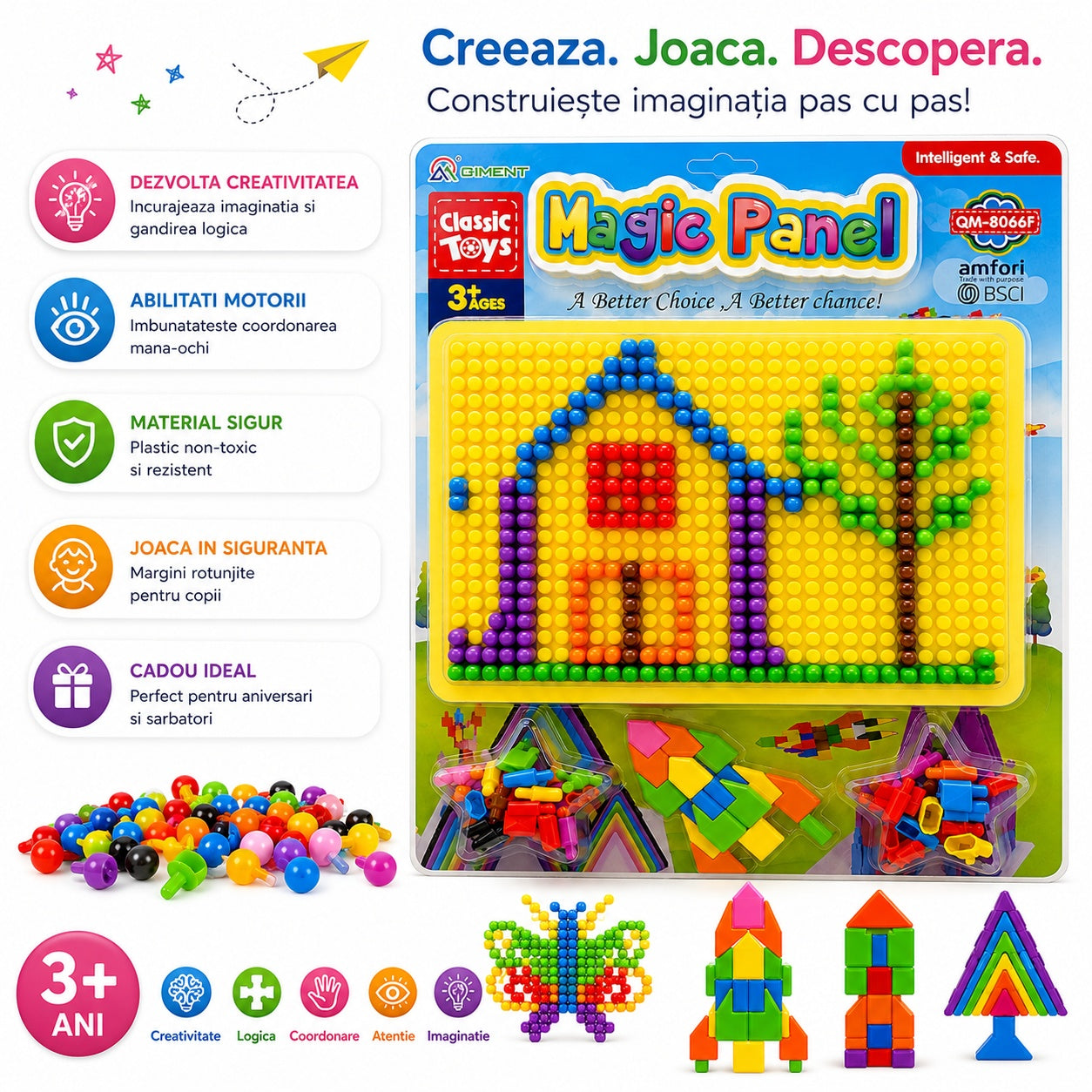 Tabla educativa tip mozaic cu pioni colorati pentru creativitate, 39x29 cm