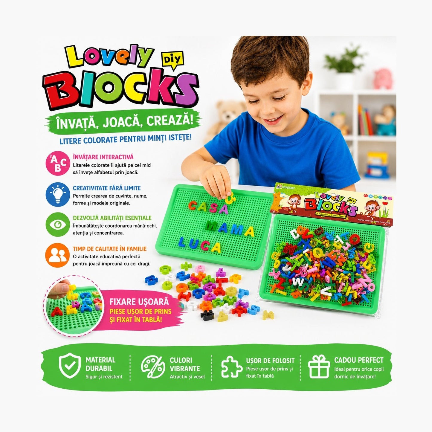 Tabla Verde Educativă cu Litere pentru Copii – Joc Interactiv de Învățare și Creativitate