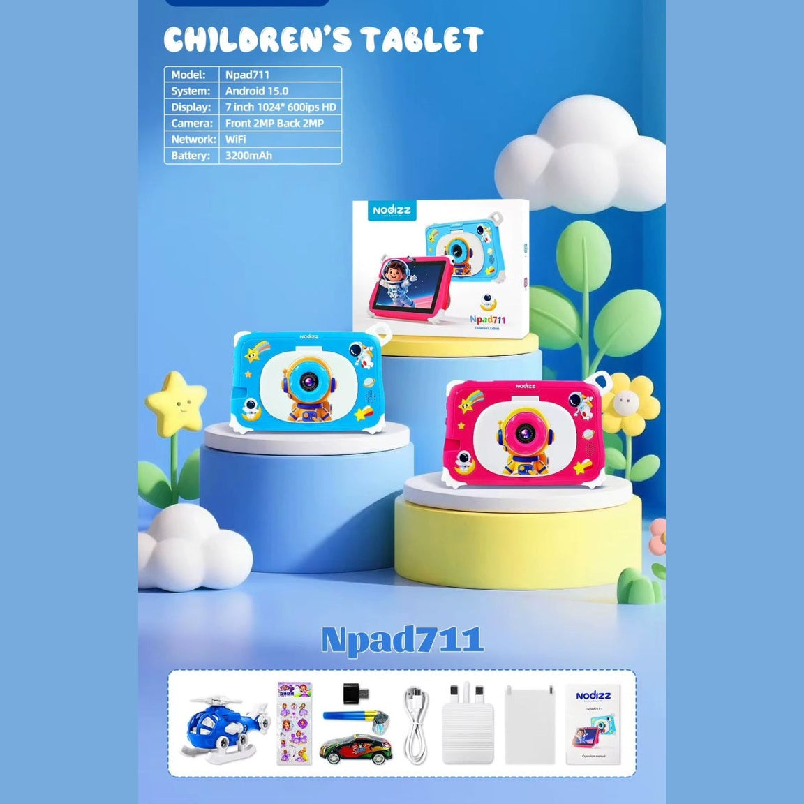 Tableta pentru Copii 7 Inch Android 15 Npad 711, 4GB RAM, 128GB, Camera Duala, Albastru