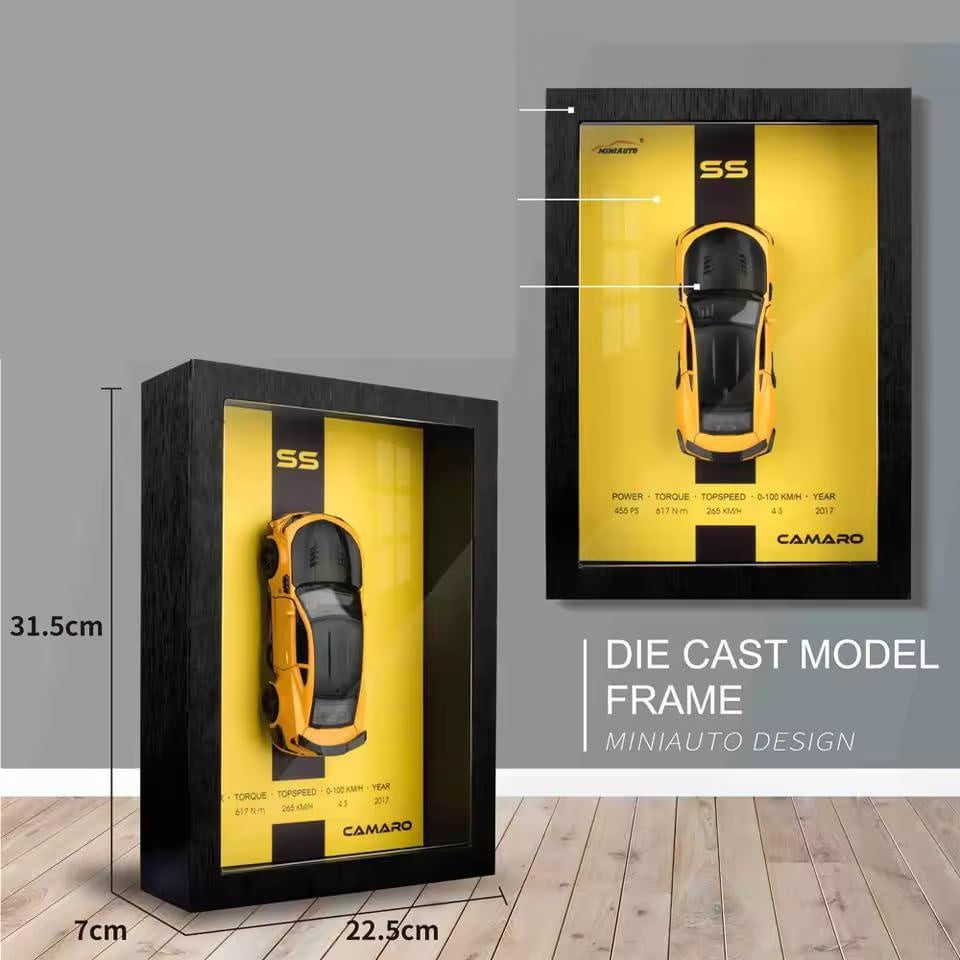 Tablou decorativ 3D cu macheta masina sport galben rama lemn